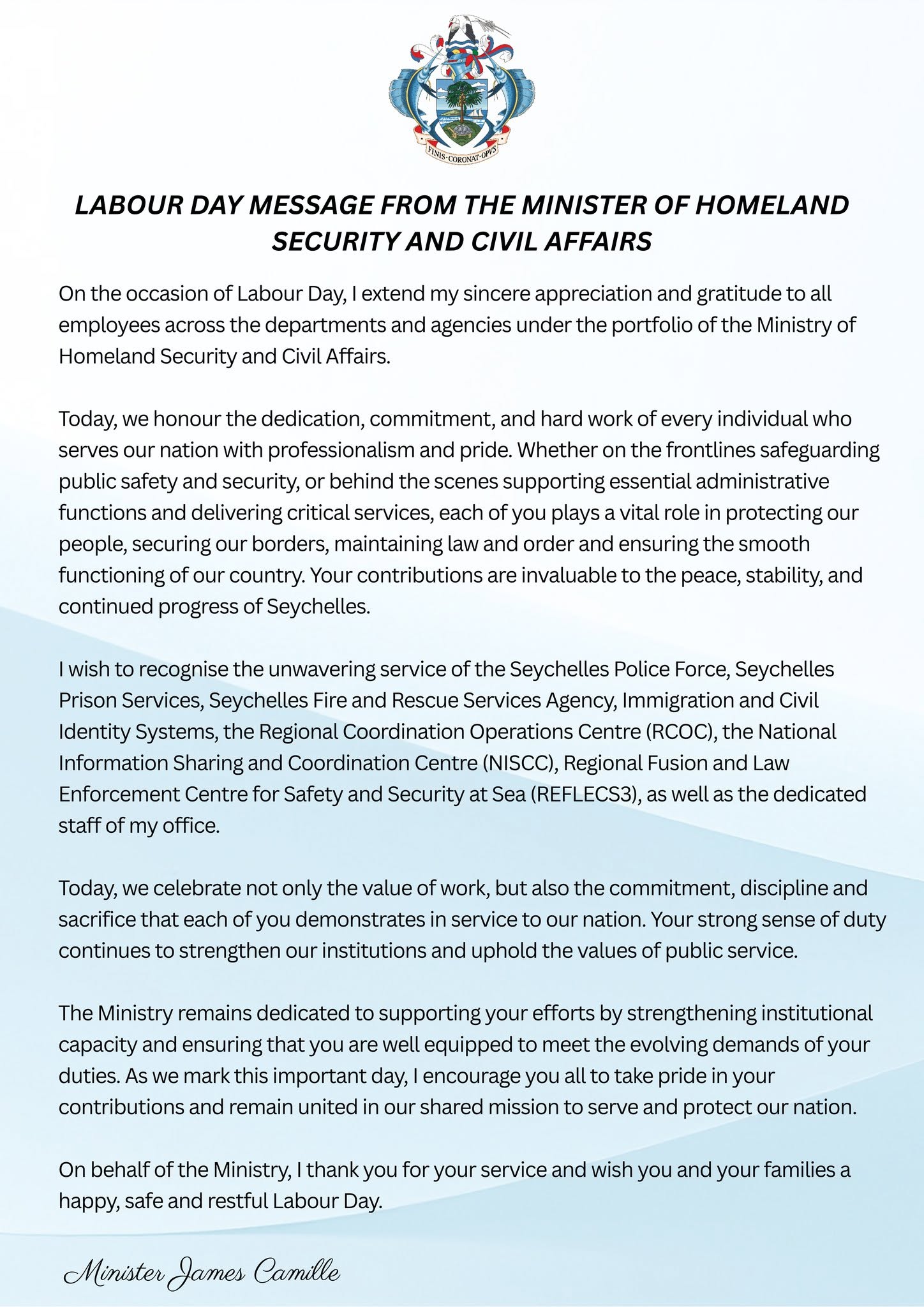 LABOUR DAY MESSAGE FROM THE MINISTER OF HOMELAND SECURITY AND CIVIL AFFAIRS