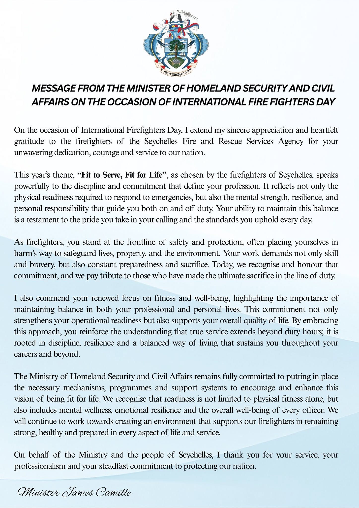 Message from the Minister of Homeland Security and Civil Affairs on the occasion of International Fire Fighters Day